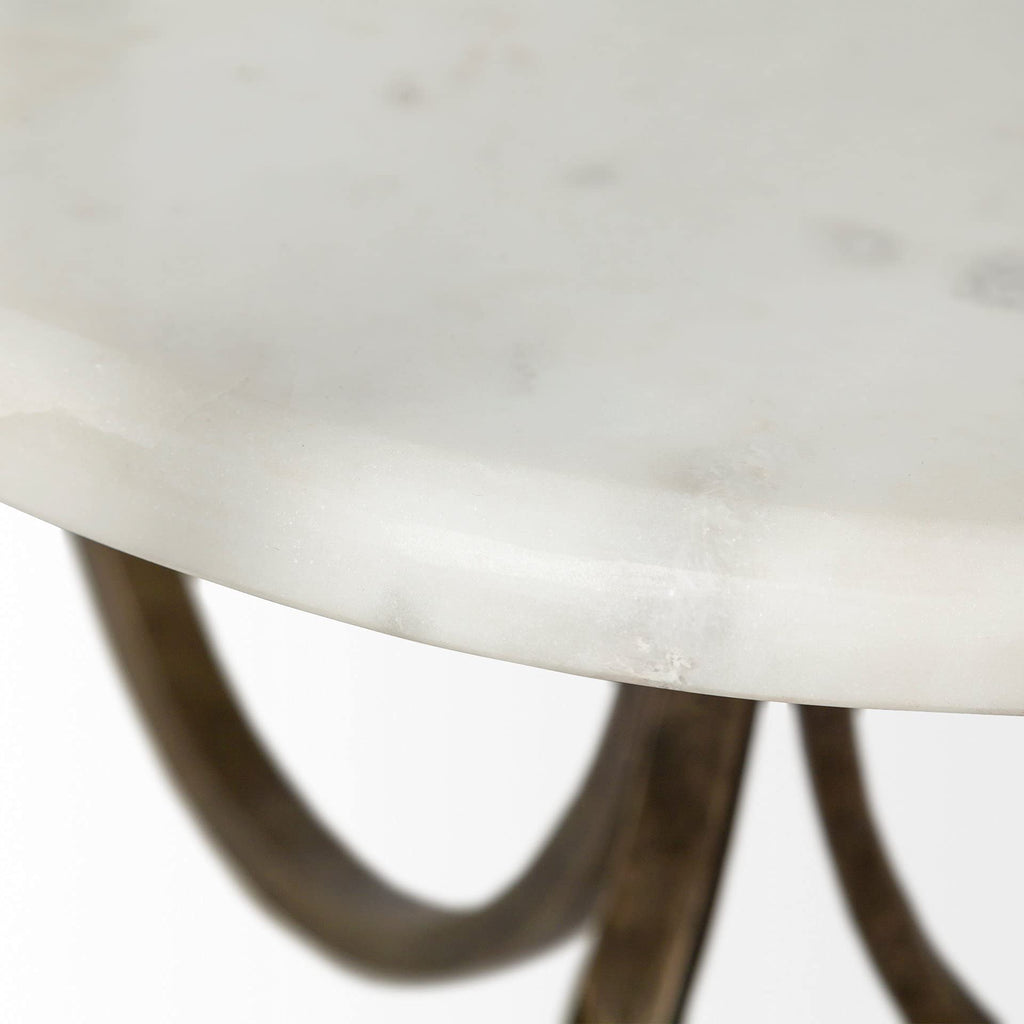 HomeRoots Antiqued Gold Glass; Metal Round Glass Top Metal Side Table with Marble Shelf on Bottom