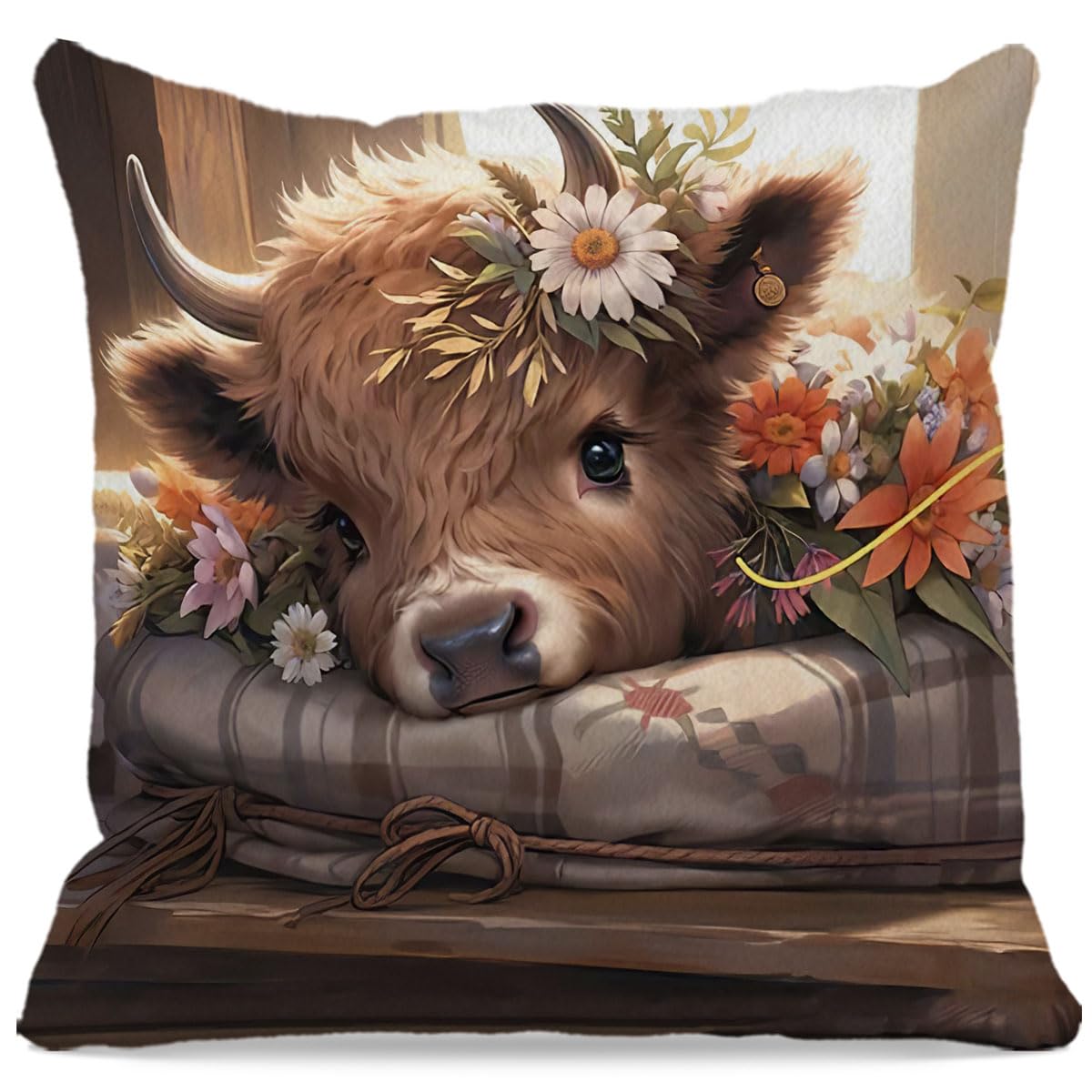 Oflich Highland Cow Pillow Covers - Summer Cow Pillow Covers 18X18, Daisy Cow Pillow, Spring Floral Decor, Highland Cow Decor, D