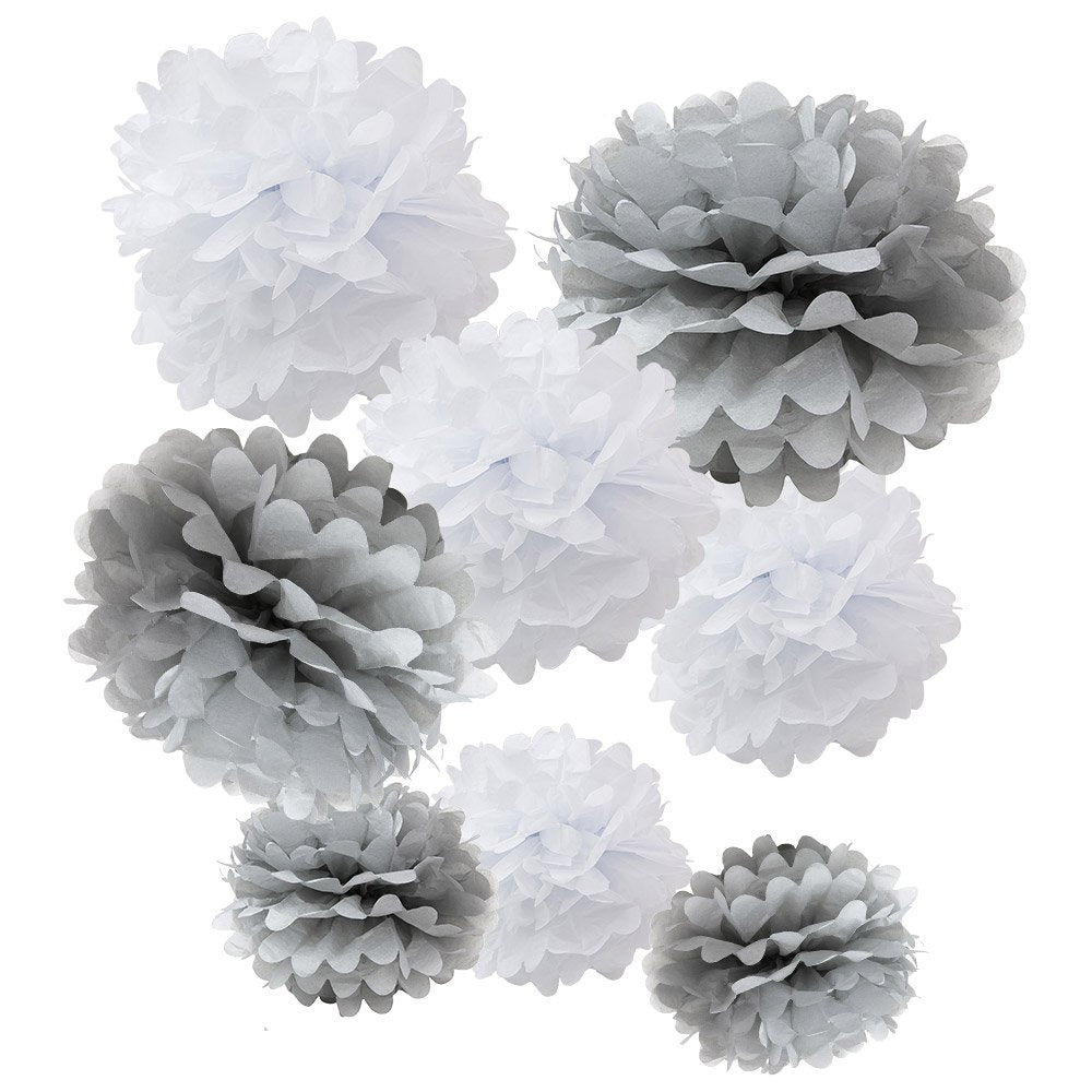 WYZworks Set of 8 (Assorted White / Grey Pack) 10 12 16 DIY Tissue Pom Poms Flower, Halloween Party , Decorations for Weddings, 