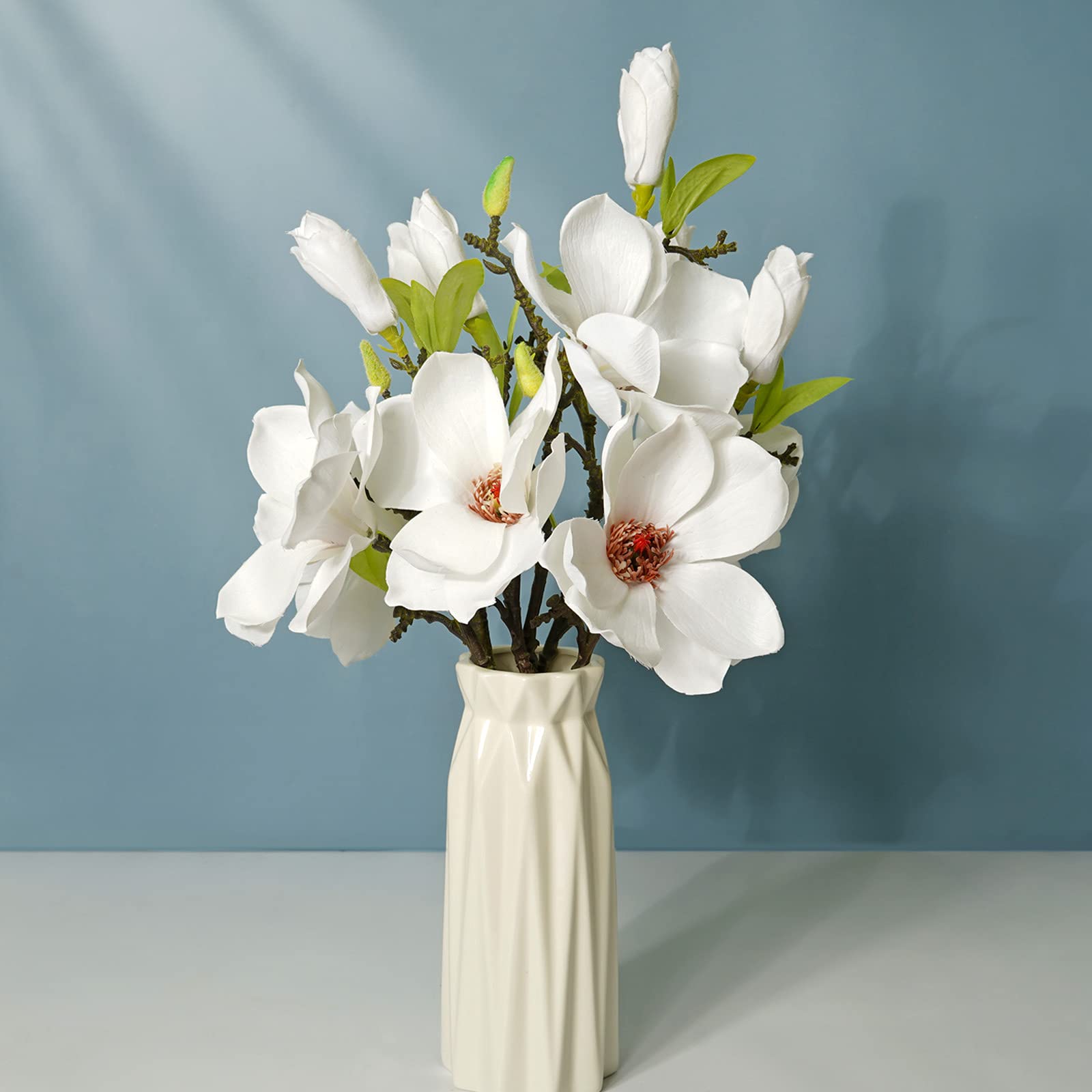 Liucogxi 6 Pcs White Silk Artificial Magnolia Flowers Decoration Bouquet With Long Stem For Home Table Centerpiece Office Vase