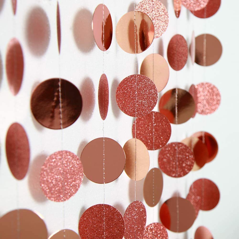 Decor365 Glitter Rose Gold Circle Dots Garland Party Decorations Paper Polka Dots Hanging Streamer String Bunting Banner Backdro