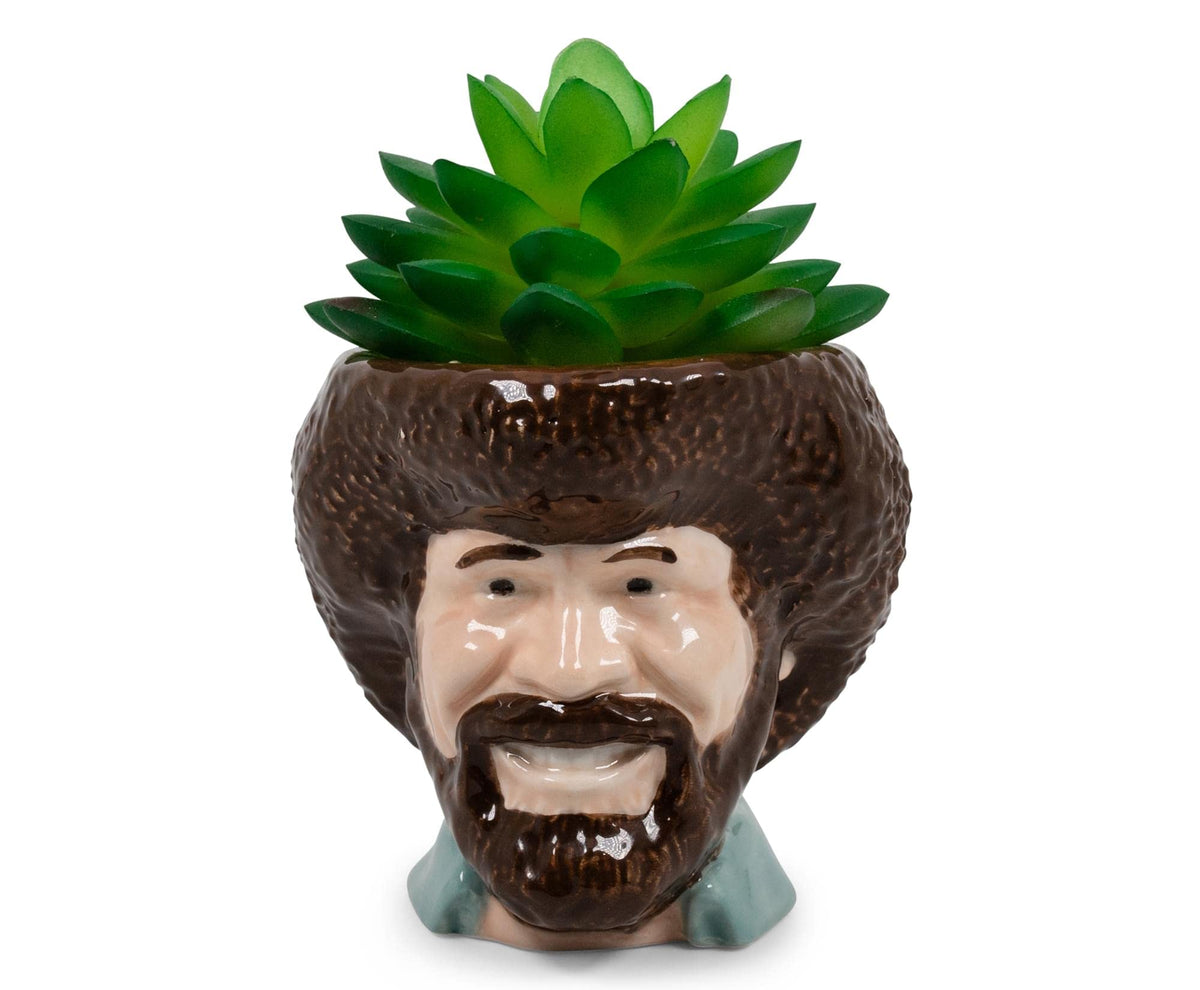 Toynk Bob Ross Mini Ceramic Planter with Artificial Succulent | Small Flower Pot, Faux Indoor Plants for Desk Shelf, Decorative Tray Trinket Dish | Home Decor Gifts and Collectibles