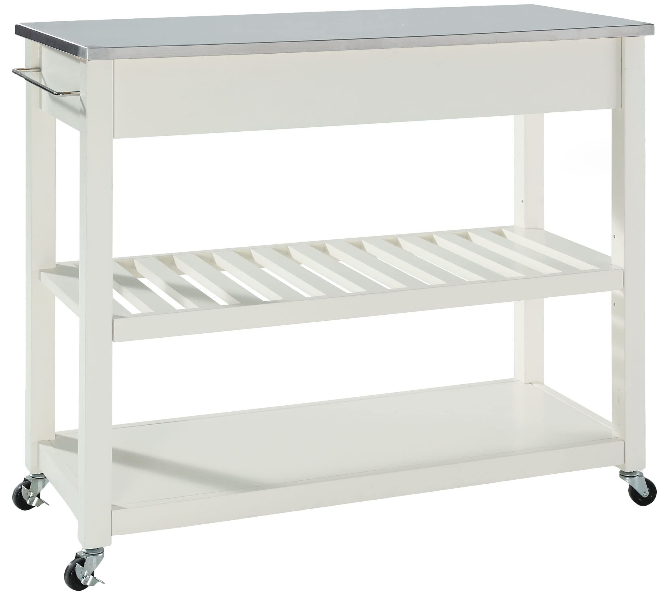 Crosley Furniture Stainless Steel Top Kitchen Prep Rolling Cart, Microwave Stand, Coffee Bar, with Shelves, White