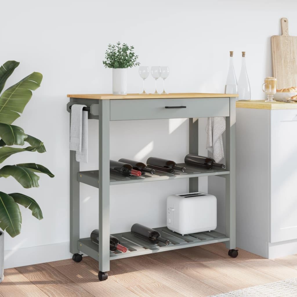 vidaXL Kitchen Trolley Rolling Cart - Solid Pine Wood in Gray/Honey Wax, Versatile Use with Storage and Wheels, 33.1x15.7x35.4 inches