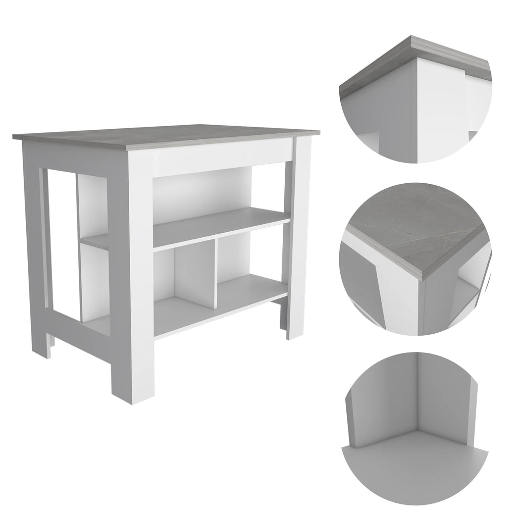 Kitchen Island, Kitchen Table 35" H, 4 Legs, 3 Open Storage Shelves, White/Ibiza Marble