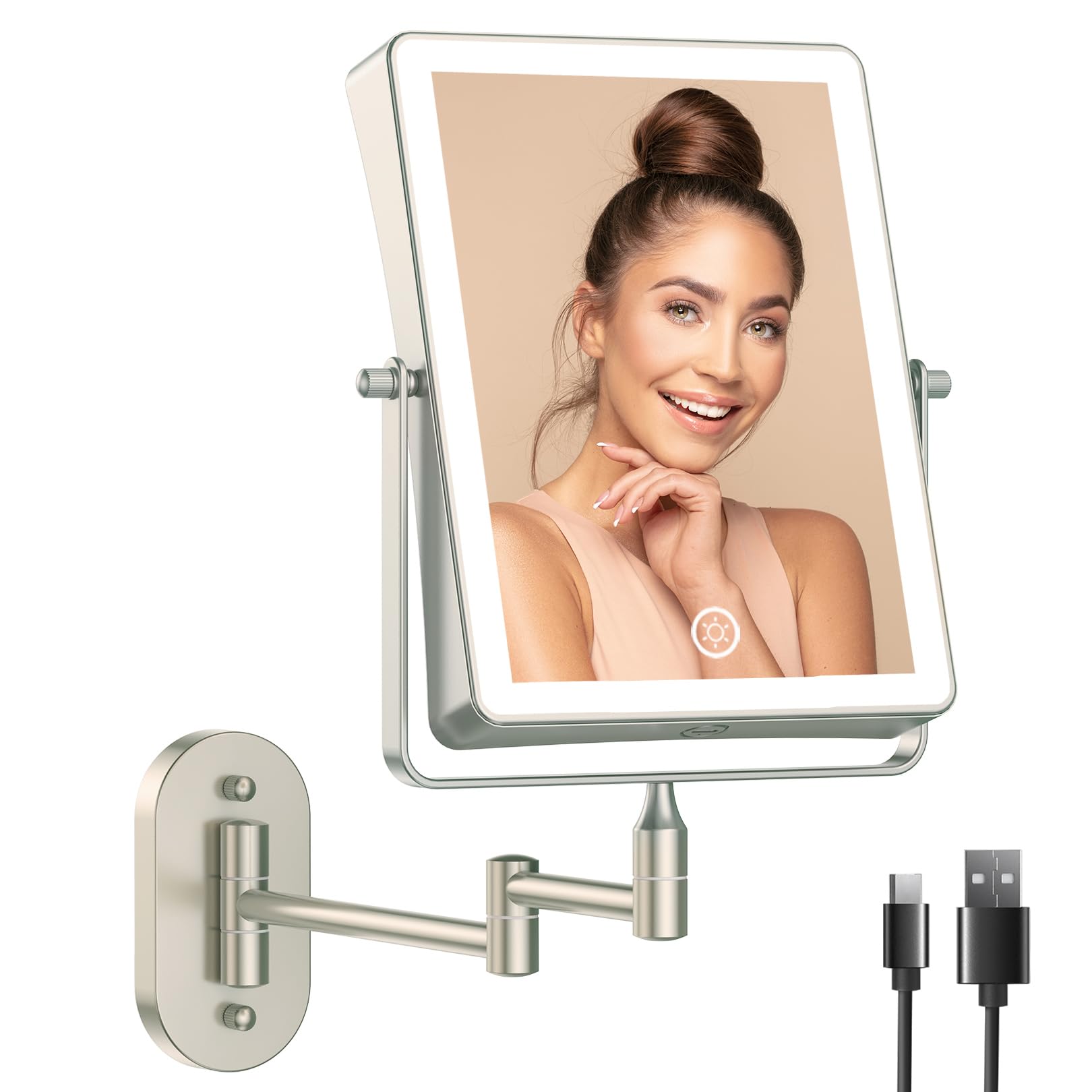 FASCINATE Rechargeable Wall Mounted Makeup Mirror,8.7 Double Sided Touch Switch 1X 10X Rectangle Wall Mounted Magnifying Mirror 