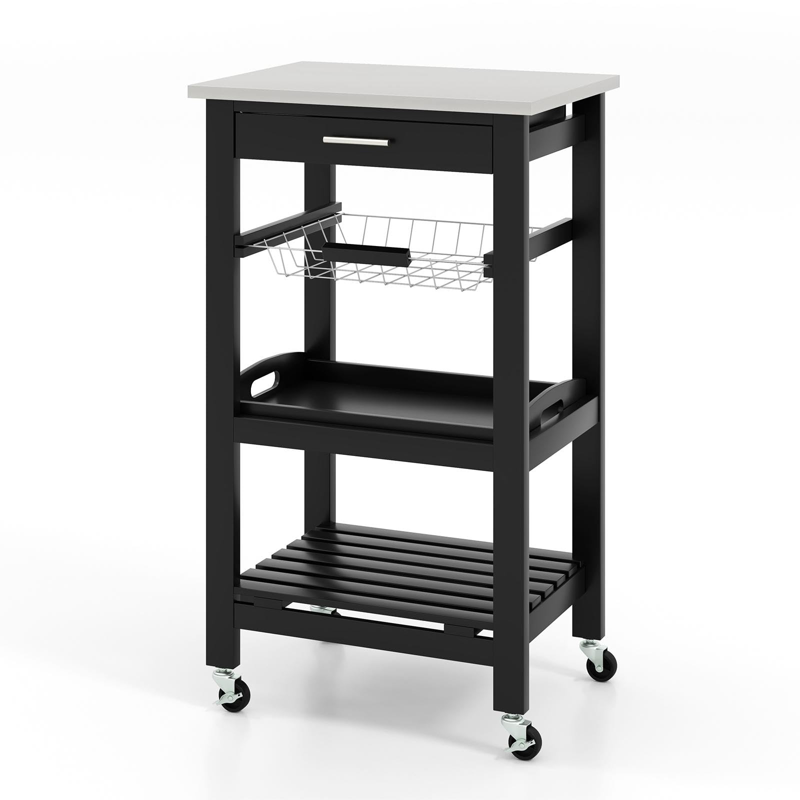 TANGZON Kitchen Trolley, Rolling Kitchen Island on Wheels with Removable Tray, Mesh Basket, Stainless Steel Worktop, Drawer & Sl