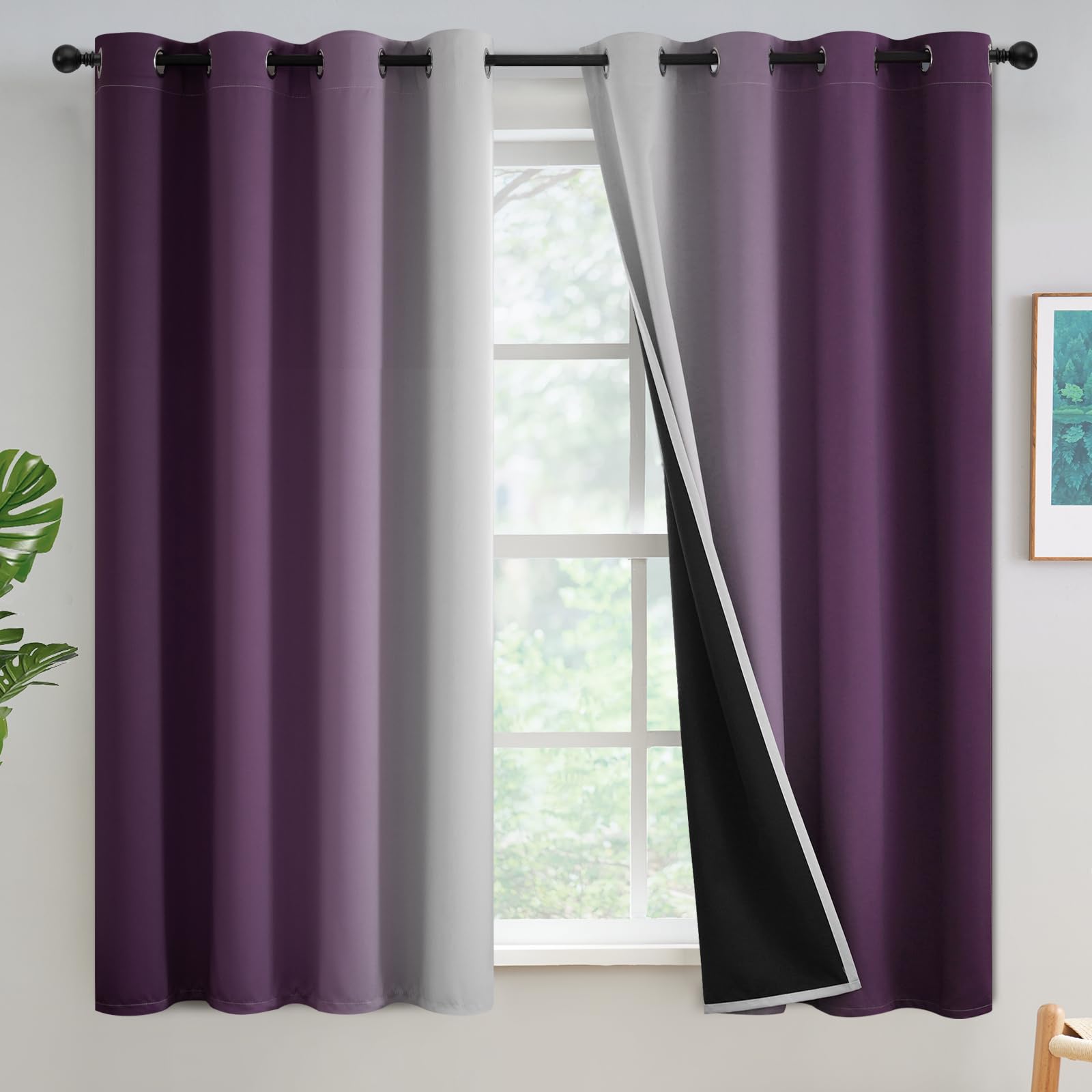 Yakamok 100% Blackout Curtains 54 inches Long,Room Darkening Purple Curtains Ombre for Bedroom Grommet Thermal Insulated Gradien