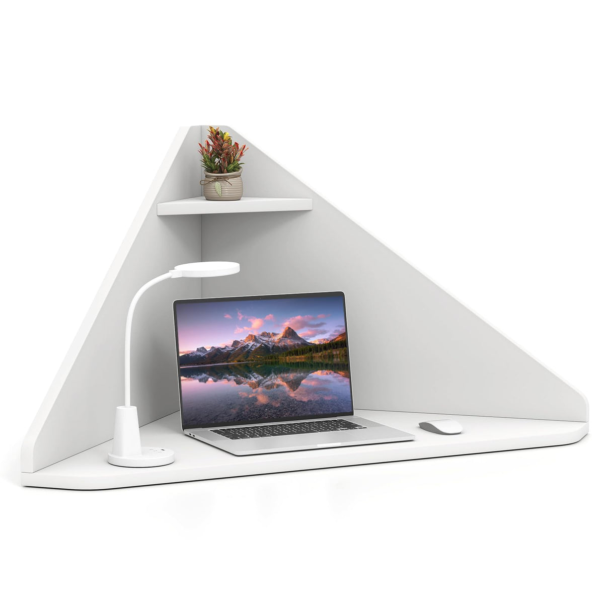 Goflame Floating Corner Desk, Wall Mounted Triangular Computer Desk W/Storage Shelf, Spacesaving Design, 90 Wooden Floating Hom