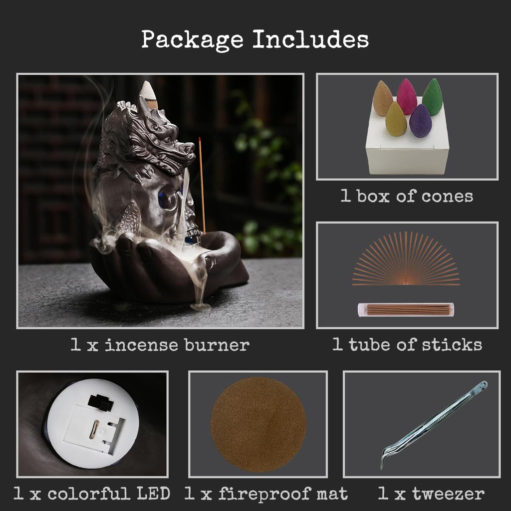 Haiswonsa Skull Dragon Incense Burner Holder - Backflow Waterfall Cone Incense Holder, Led Ceramic Unique Skeleton Incense Burne
