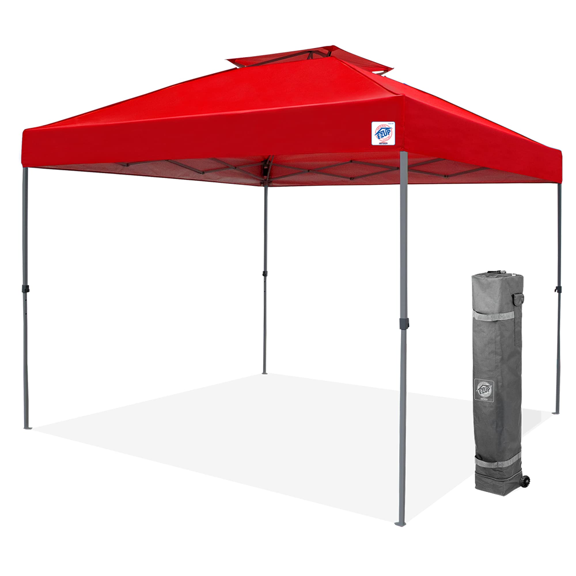 E-Z Up Patriot One-Up Technology Vented Shelter, 10' X 10', Red Top, Grey Frame