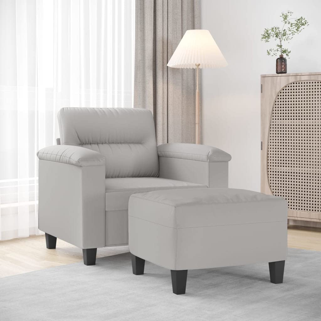 vidaXL Couch Modern Accent Upholstered Chair with Footstool - Light Gray Microfiber Fabric, Comfortable Armchair and Versatile Stool for Living Room/Bedroom/Office, Sturdy Frame, Padded Seat