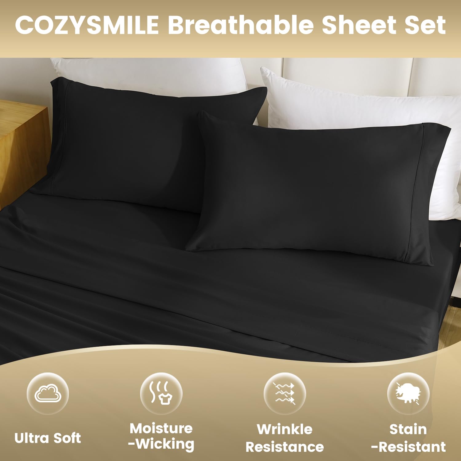 Cozysmile California King Size Sheet Set - Luxury 4 Piece Breathable Soft Sheets For King Size Bed, 16'' Deep Pocket Wrinkle Fre