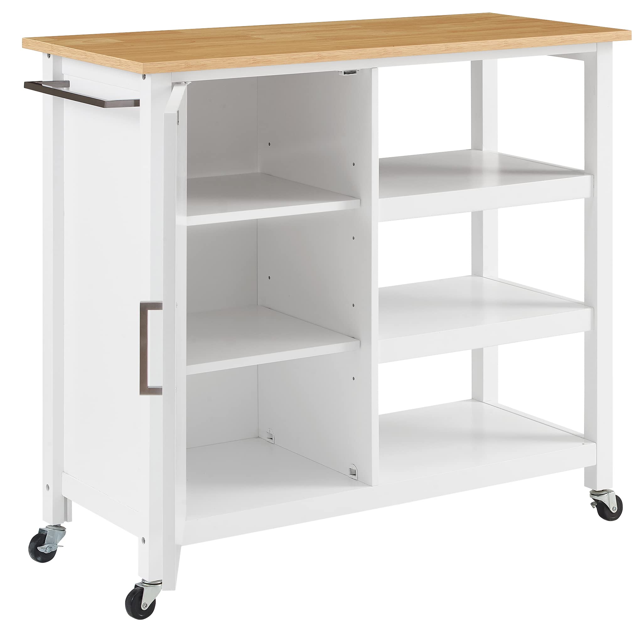 Crosley Furniture Tristan Open Rolling Kitchen Island Cart, Microwave Stand, Coffee Bar, With Shelves, White