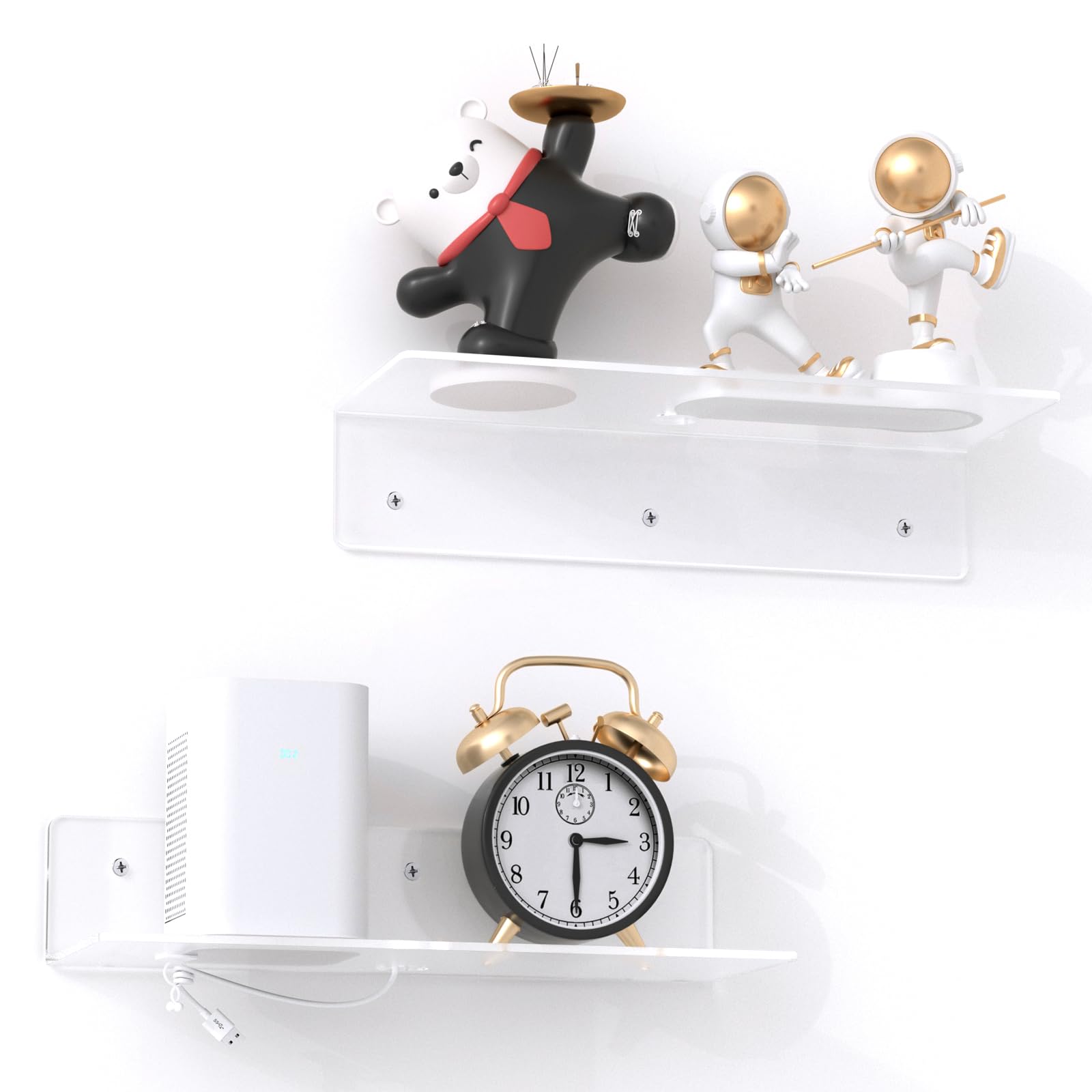 PuzFun 12 Clear Acrylic Floating Shelves, 2 Pack Wall Shelf with Cable Clips, Small Floating Shelf for Expand Wall Display Space