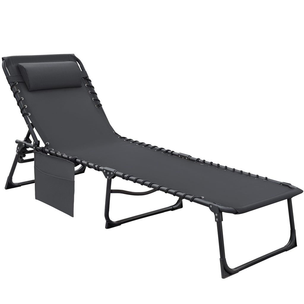 Flamaker Foldable Chaise Lounge Chair 5-Position Adjustable, Tanning Chair With Side Pocket, Outdoor Sunbathing For Pool, Beach, Patio, Lawn, Indoor Recliner Chair For Napping(Grey, 1 Pcs)