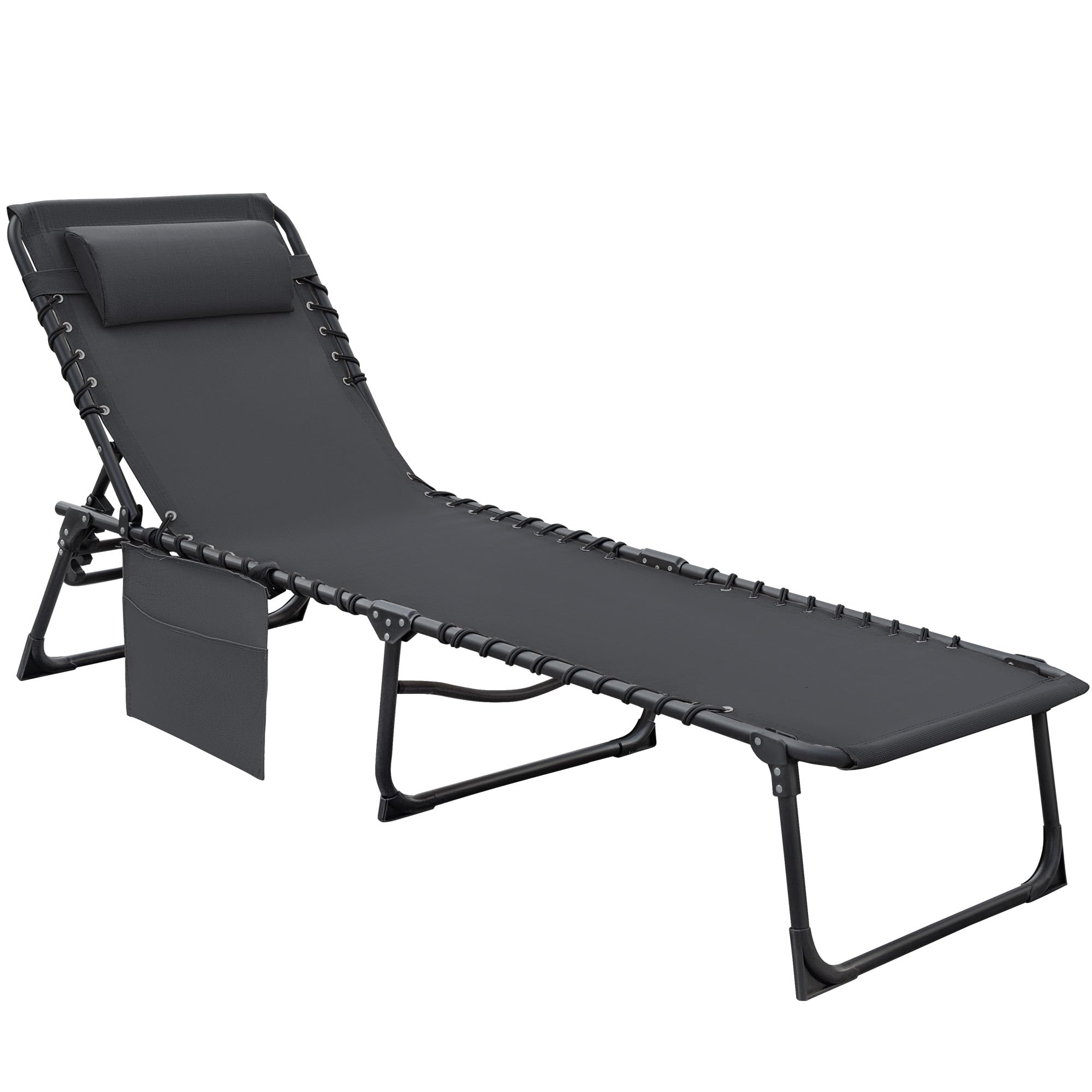 Flamaker Foldable Chaise Lounge Chair 5-Position Adjustable, Tanning Chair With Side Pocket, Outdoor Sunbathing For Pool, Beach, Patio, Lawn, Indoor Recliner Chair For Napping(Grey, 1 Pcs)