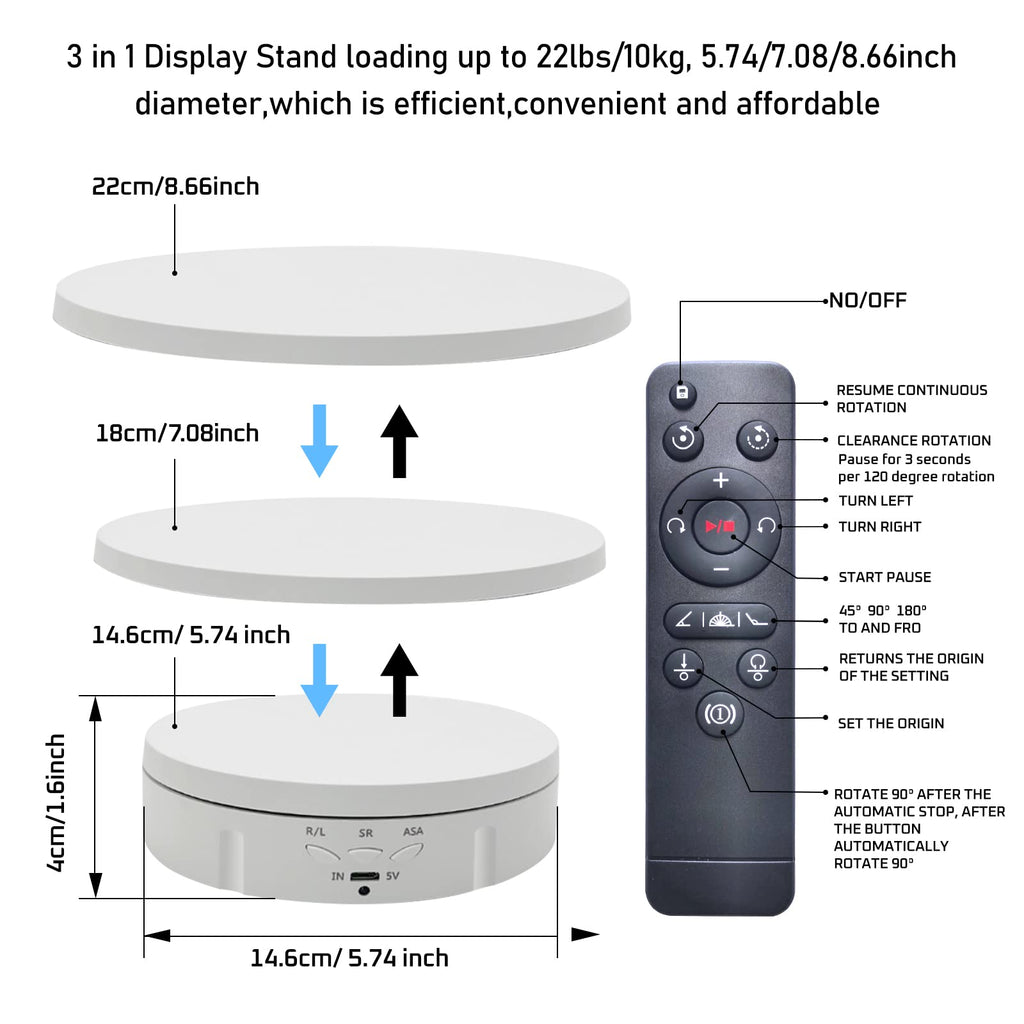 Jayegt 3In 1 Motorized Rotating Display Stand With 5.74/7.08/8.66 Inch Replacement Cover,Max 22Lbs Load, 360 Electronic Turntabl