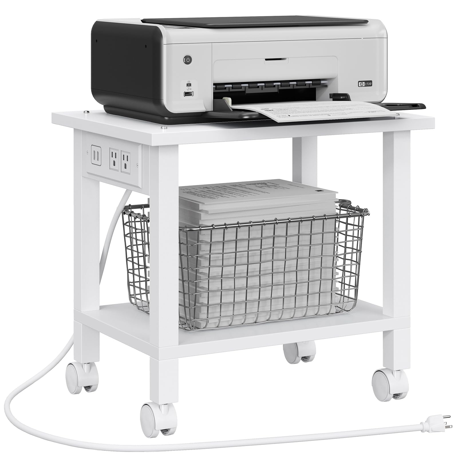 TUTOTAK 2 Tier Printer Stand, Rolling Printer Cart with Power Outlets and USB Ports, Mobile Printer Table with Wheels, for Under