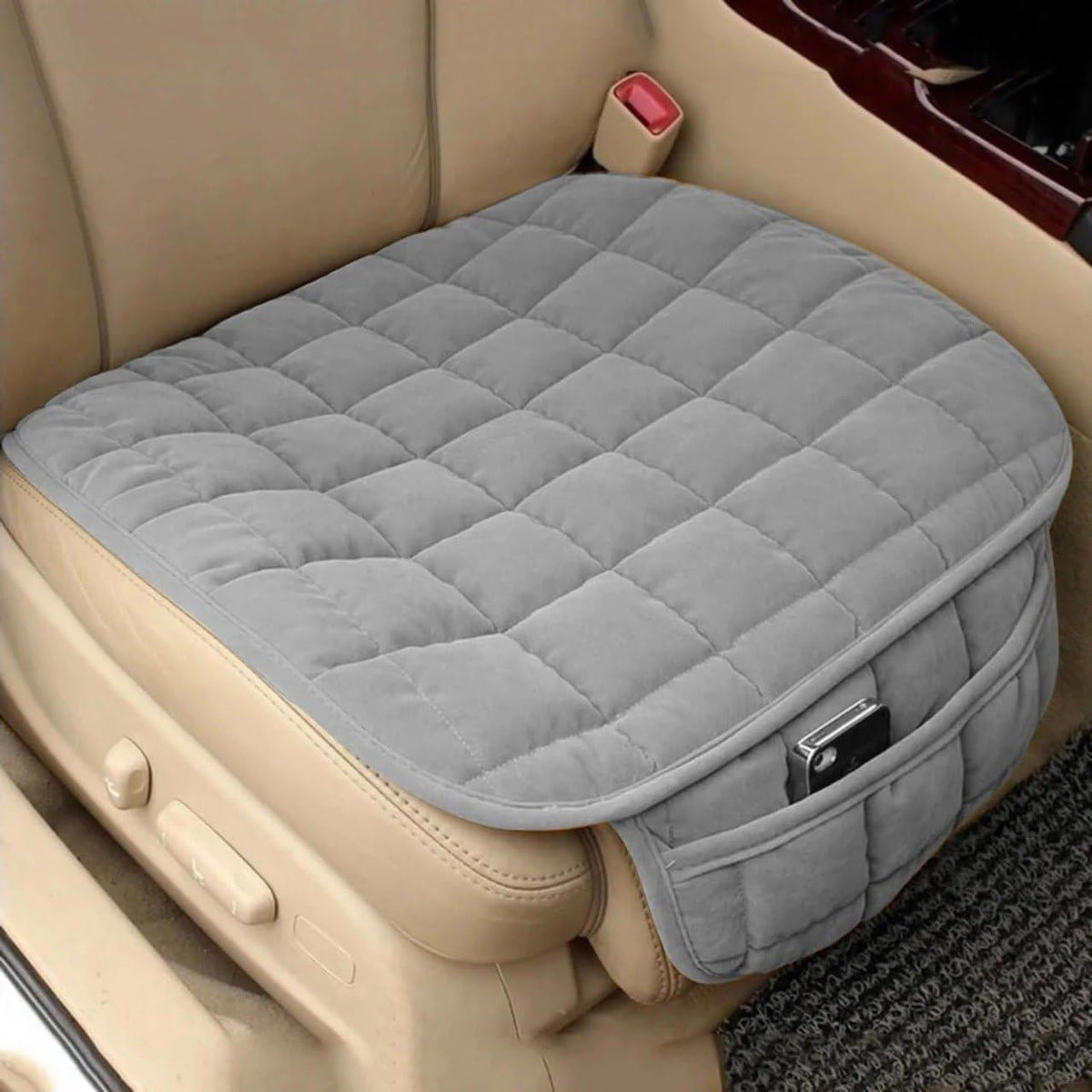Praza Car Seat Cushion Pad With Memory Foam Support, Universal Nonslip Seat Protector With Rear Storage Pocket, Comfortable Dri