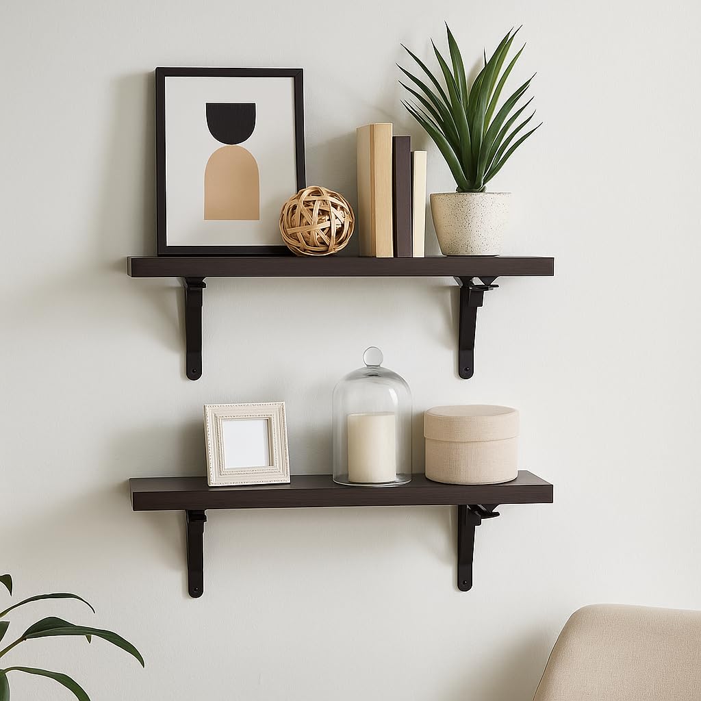 Heartily Set of 2 Wall Shelves with Metal Brackets | 15x7 Engineered Wood Planks | Floating Wall Shelf for Living Room, Bedroo