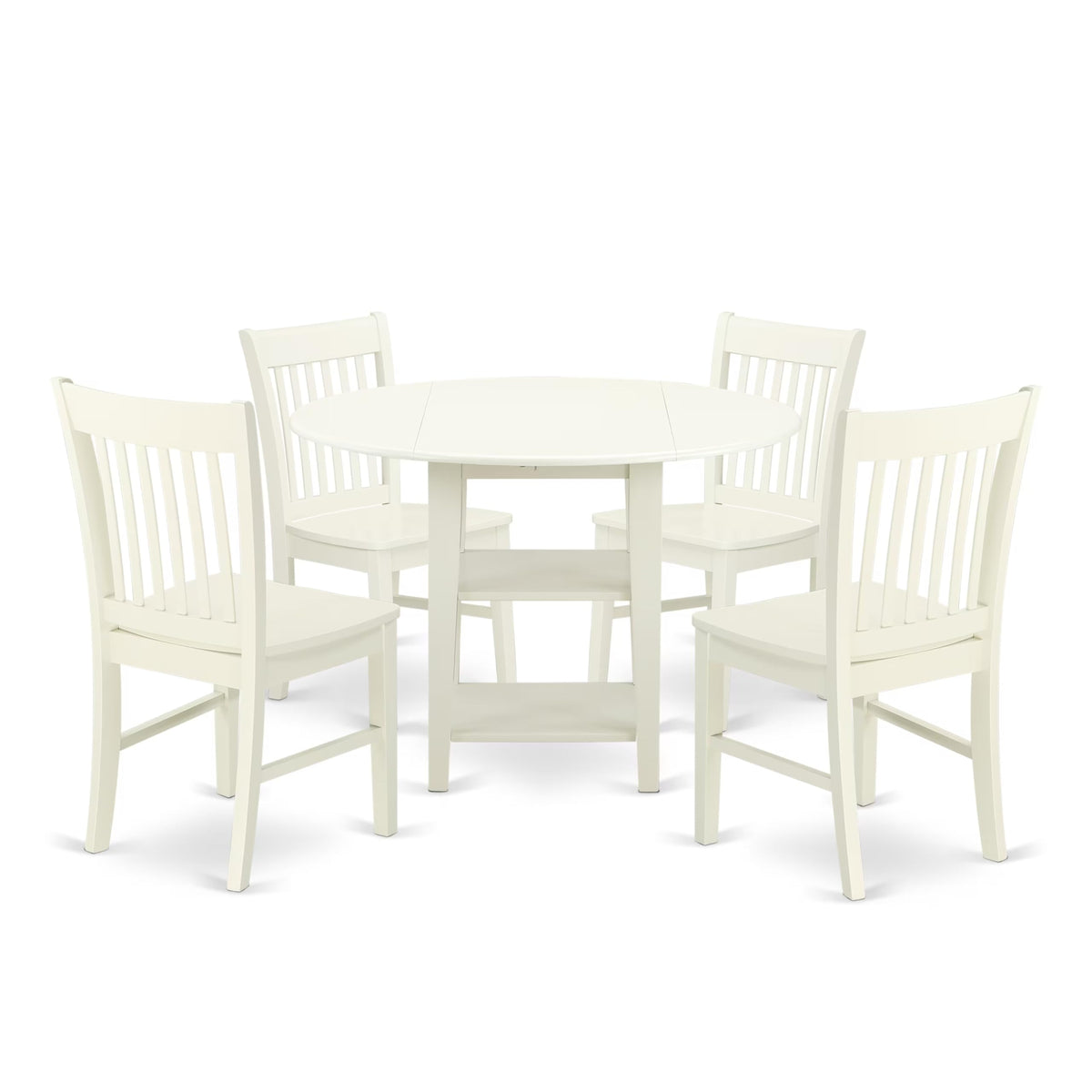 East West Furniture Suno5-Lwh-W 5 Piece Dining Room Table Set Includes A Round Dining Table With Dropleaf & Shelves And 4 Wood Seat Chairs, 42X42 Inch, Linen White