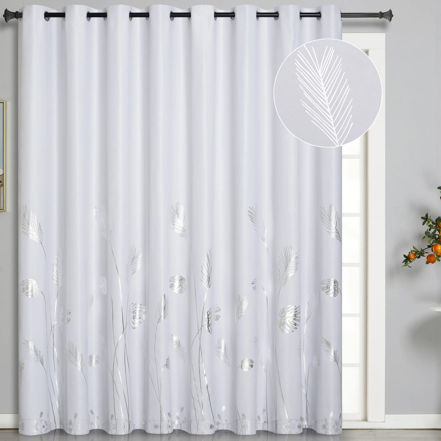 Estelar Textiler Greyish White Curtain For Dining Room 100W X 108L Inch Elegant Silver Palm Tree Design Thermal Insulated Drape