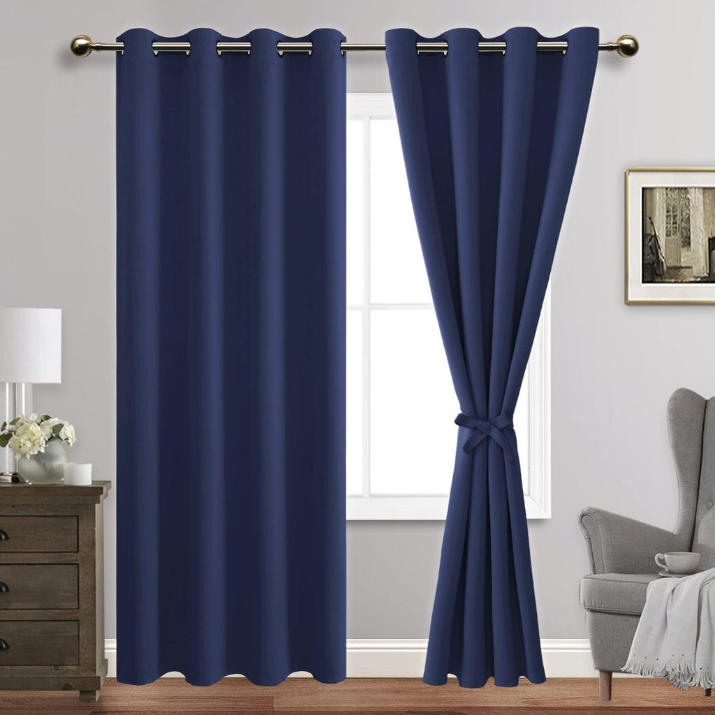 Jiuzhen Navy Blue Blackout Curtains With Tiebacks Thermal Insulated, Light Blocking And Noise Reducing Grommet Curtains For Bedroom And Living Room, Set Of 2 Window Curtain Panels, 70 X 96 Inch Length
