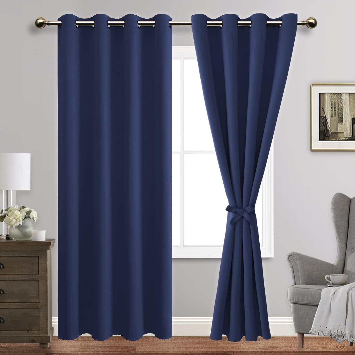 Jiuzhen Navy Blue Blackout Curtains With Tiebacks Thermal Insulated, Light Blocking And Noise Reducing Grommet Curtains For Bedroom And Living Room, Set Of 2 Window Curtain Panels, 70 X 96 Inch Length