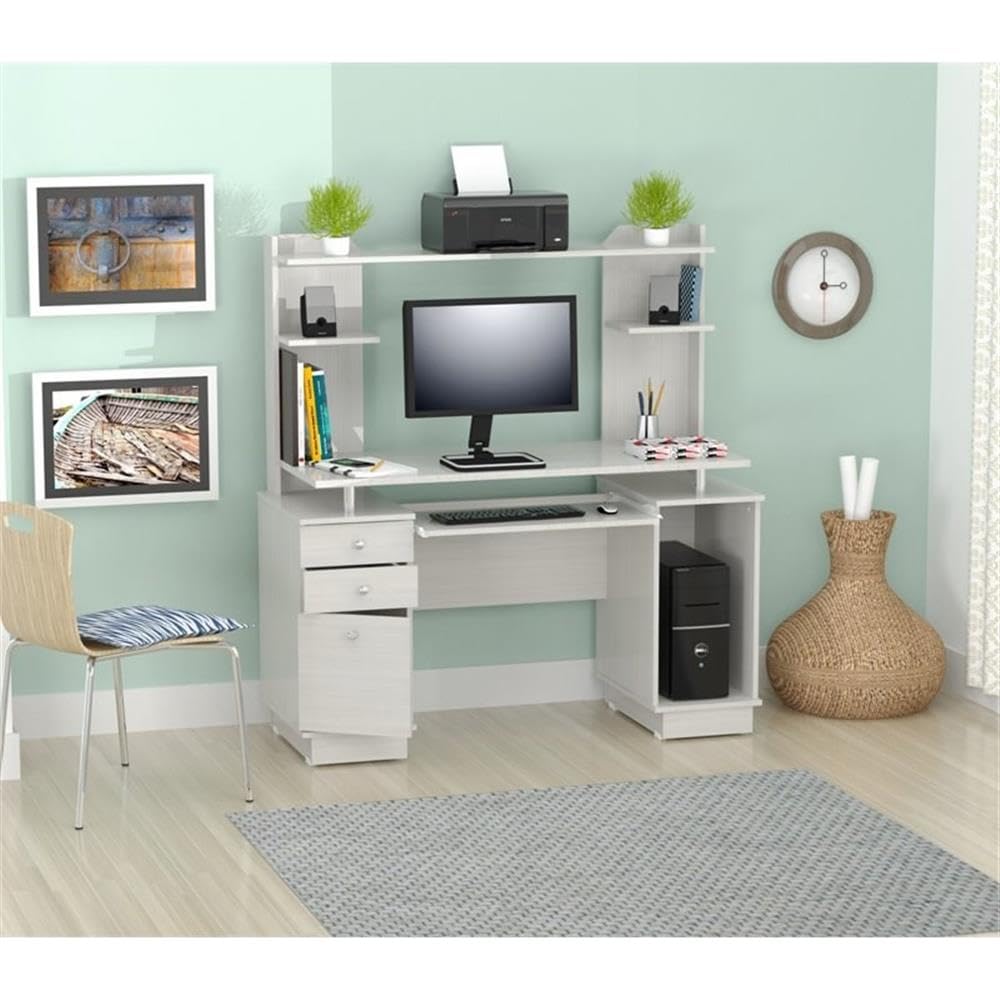 Inval America Work Center - Washed Oak, 53.5"H x 48.62"W x 19.5"D, with Hutch & Pull-Out Keyboard Tray