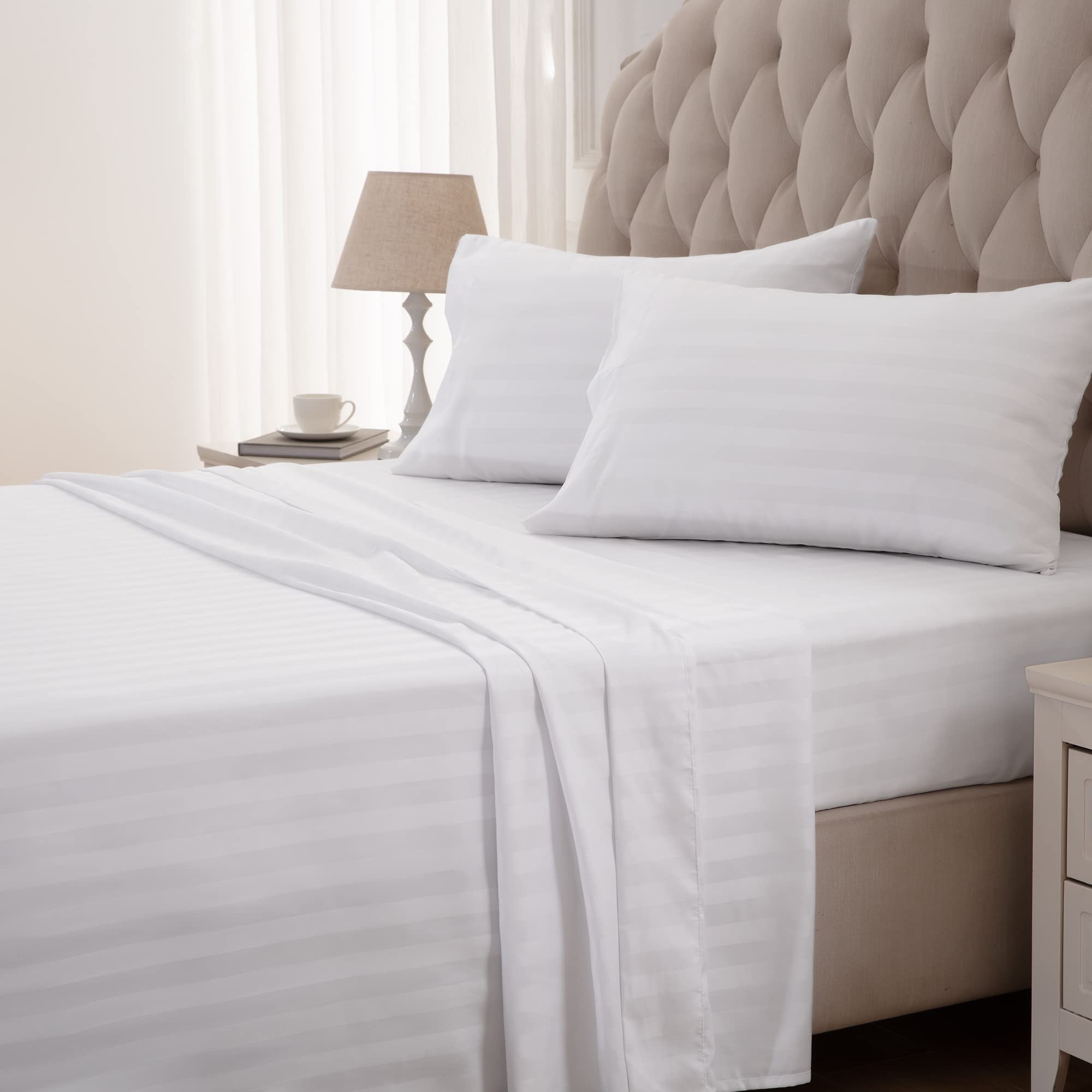 Sleep Zone Striped Cooling Sheets Set Full Size - Fitted Flat Sheet & Pillowcase Sets 4 Piece - Super Soft Stripe Bed Sheet, Easy Care, Deep Pocket (White, Full)