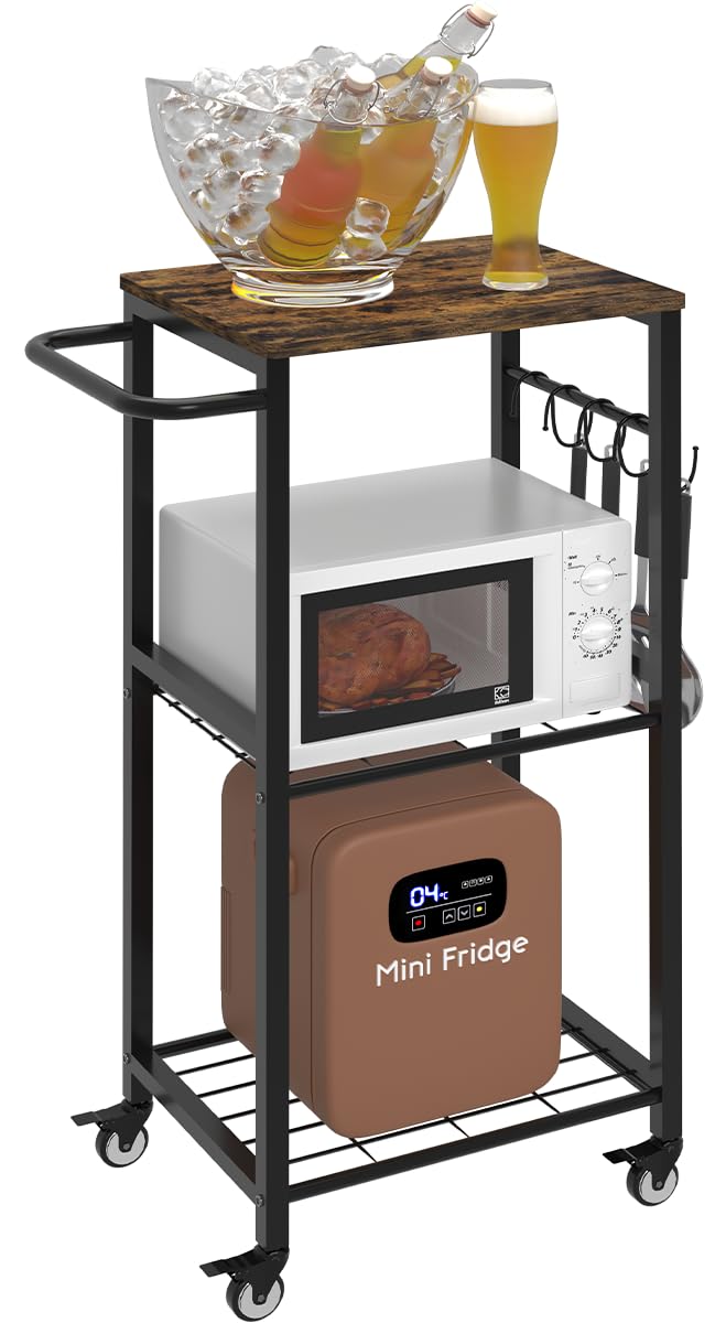 Sungaryard 3-Tier Rolling Kitchen Cart Microwave Stand on Wheel, Movable Coffee Bar Cart with Metal Handle, Bakers Rack with 8 H