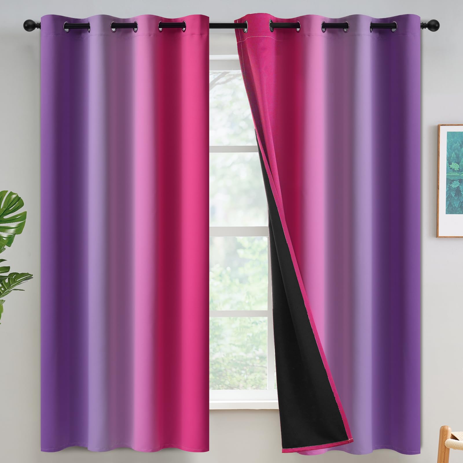Yakamok Pink and Purple 100% Blackout Curtains for Bedroom,Ombre Room Darkening Curtains for Living Room Grommet Window Curtains