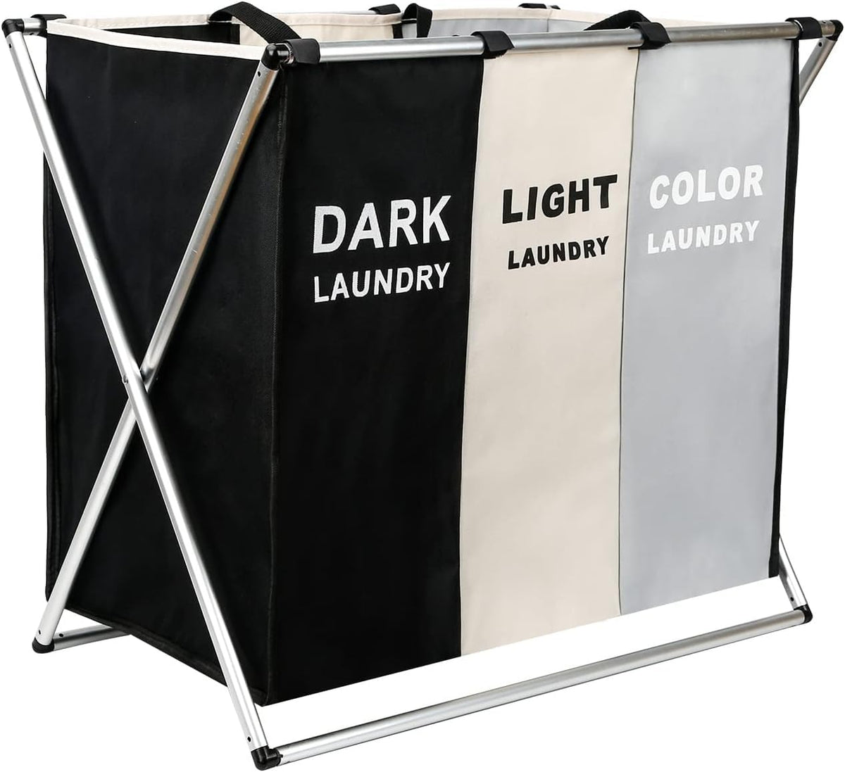 Kinzilla Laundry Hamper Basket Sorter With Handle And Aluminum Frame, 3 Sections Foldable Portable Large Dirty Clothes Basket Or