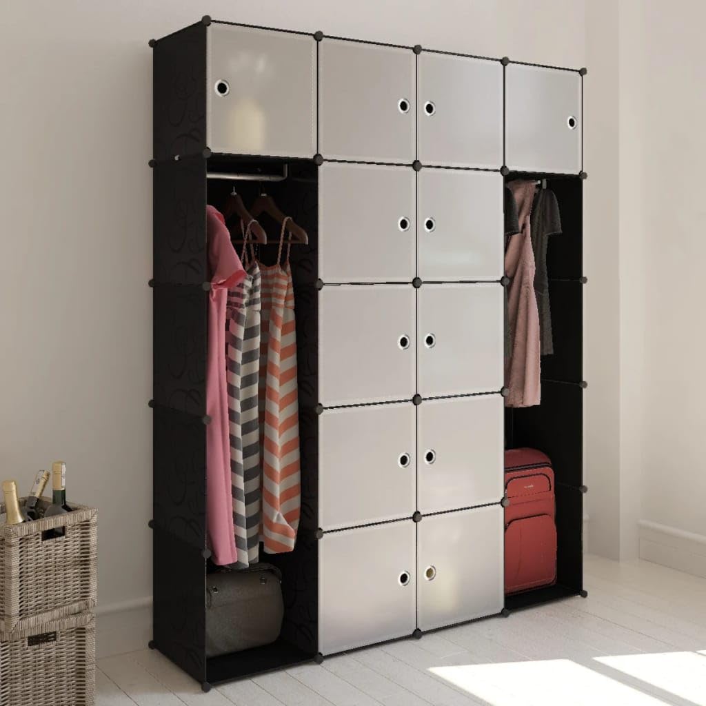 vidaXL Black and White Modular Wardrobe Cabinet with 14 Compartments, Easy Assembly, Modern Design, Plastic Material, Versatile Setup, with Safety Device