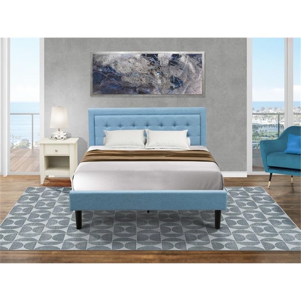 East West Furniture FN11Q-1GA0C 2-Piece Fannin Bed Set with 1 Queen Size Frame and an End Table for Bedroom - Reliable and Sturdy Manufacturing - Denim Blue Linen Fabric