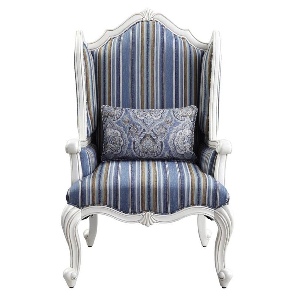Acme Ciddrenar Fabric Upholstery Chair with Pillow in Blue and White