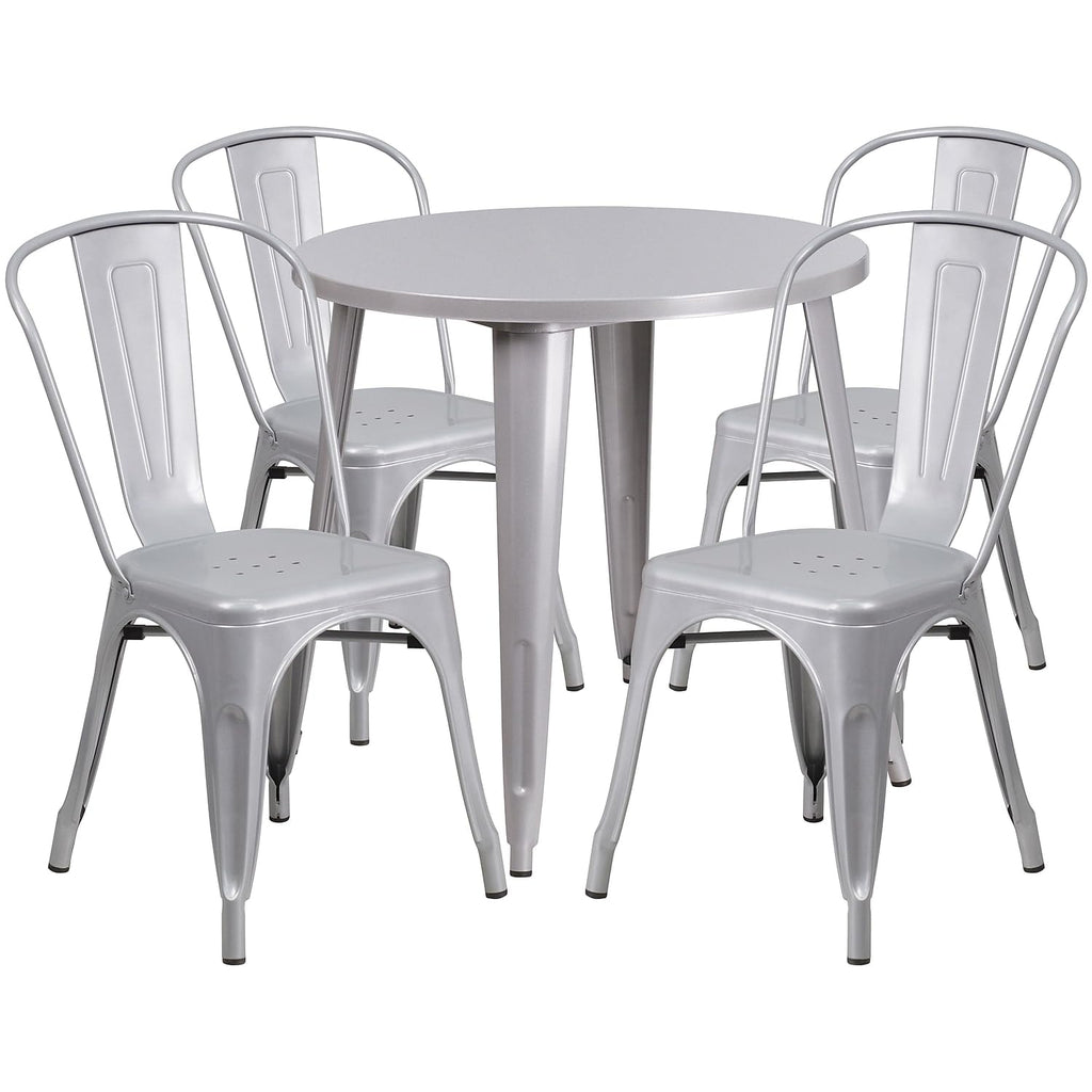Flash Furniture Dalton Commercial Grade 30" Round Silver Metal Indoor-Outdoor Table Set with 4 Cafe Chairs