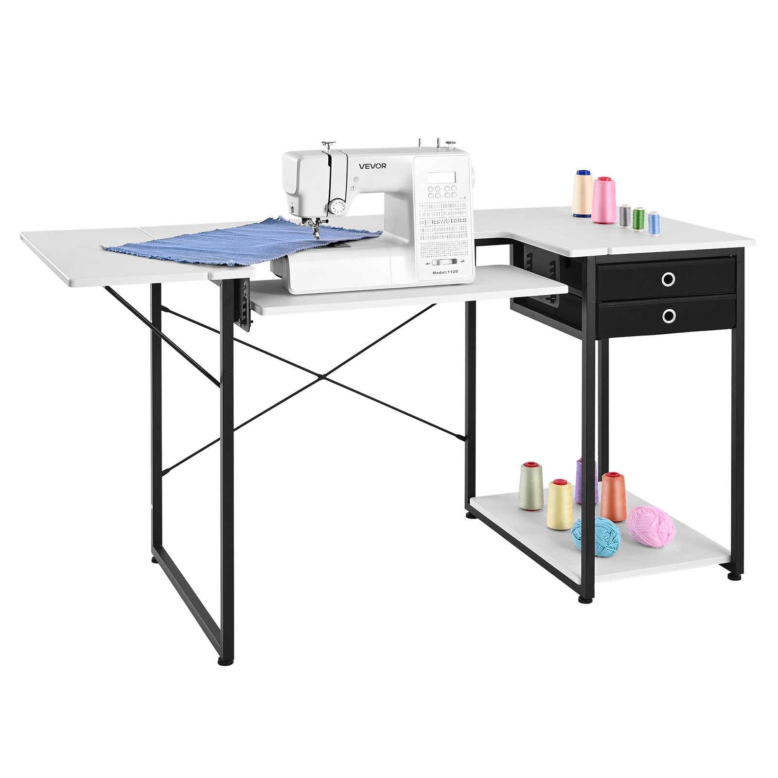 VEVOR Sewing Table, Multipurpose Sewing Machine Table with Foldable Side Shelf, Adjustable Shelf, Steel Legs, Computer Desk for 