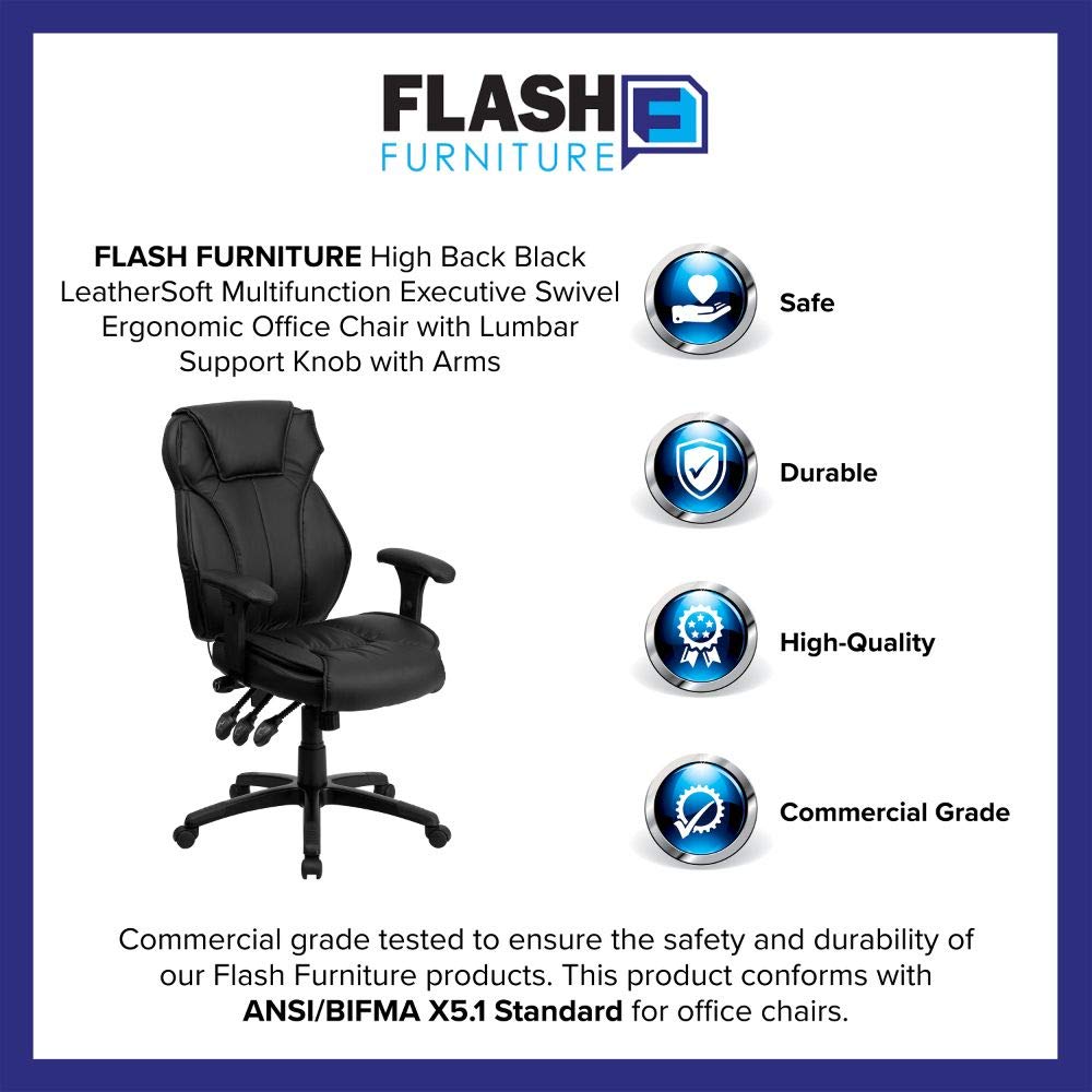 Flash Furniture Hansel High Back Black LeatherSoft Multifunction Executive Swivel Ergonomic Office Chair with Lumbar Support Knob with Arms
