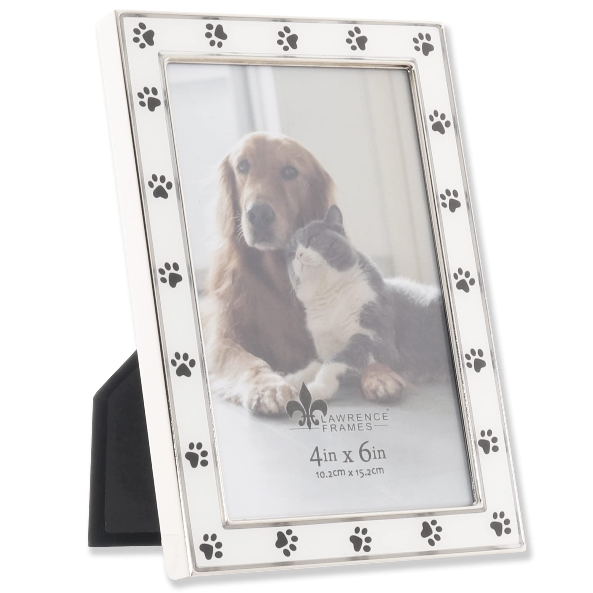 4X6 Silver Metal And White Enamel Picture Frame, Paw Print Design
