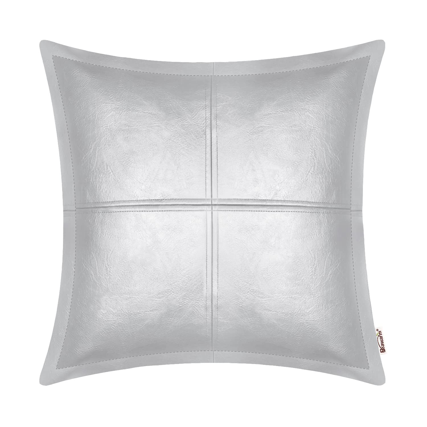 Brawarm Silver Leather Throw Pillow 18 X 18 Inches, Faux Leather Pillow Cover With Piping, Hand Stitched Leather Decorative Thro