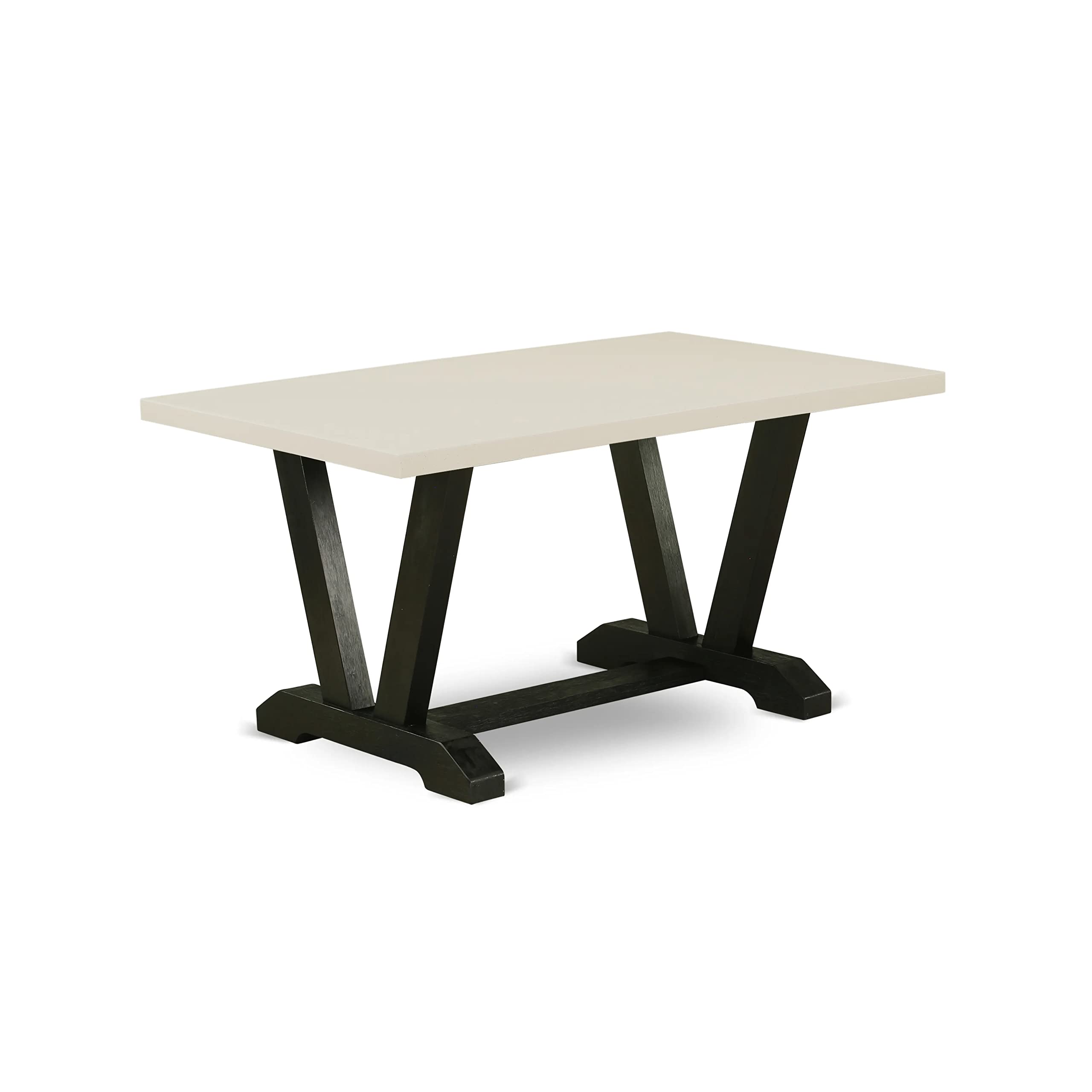 East West Furniture V-Style 7 Piece Modern Set Consist Of A Rectangle Wooden Table With V-Legs And 6 Black Linen Fabric Parson Dining Chairs, 36X60 Inch, V626Fl624-7