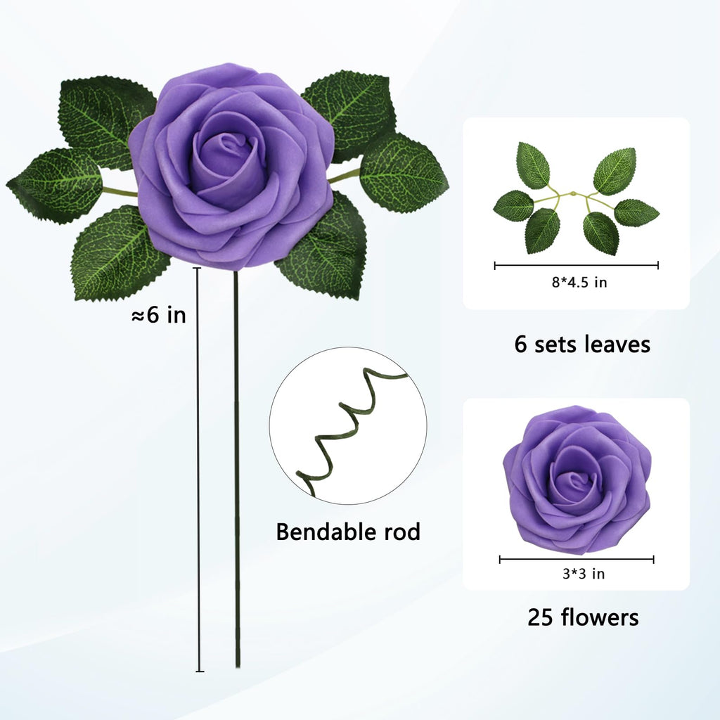 Joylex Artificial Flowers Realistic Purple Roses, 25Pcs Real Looking Fake Roses With Stem For Diy Wedding Bouquets Centerpieces