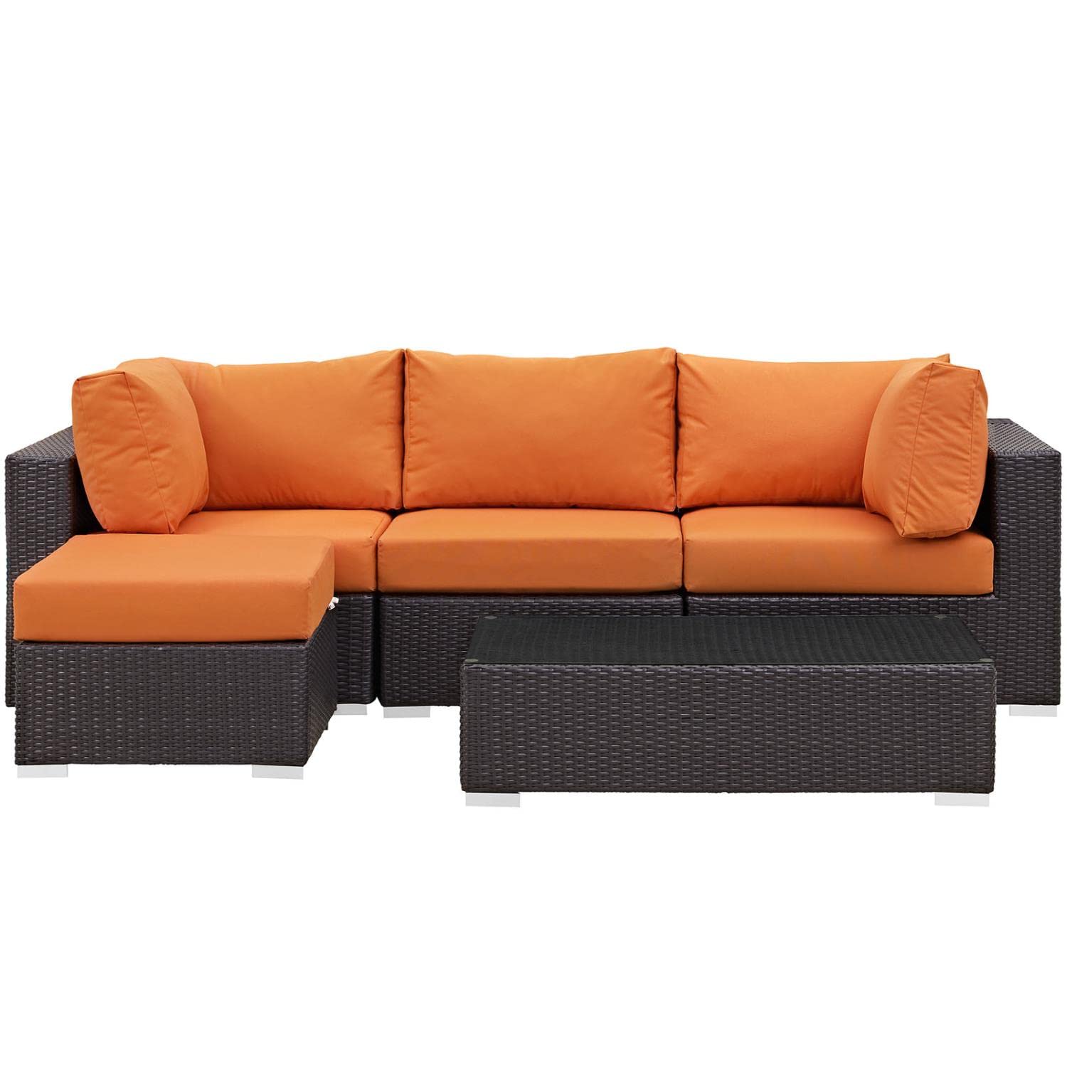 Modway Convene Wicker Rattan 5-Piece Outdoor Patio Sectional Sofa Furniture Set In Espresso Orange
