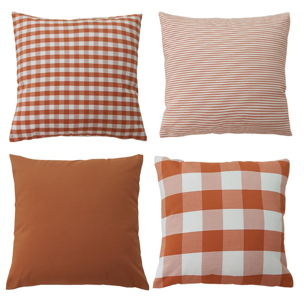 Hoplee Orange Farmhouse Pillow Covers 22X22 Orange Throw Pillow Covers Cushion Cover With Buffalo Plaid, Solid Orange, Striped A