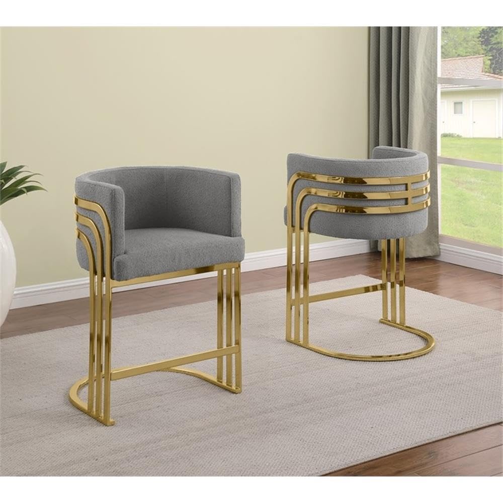 Best Quality Furniture Modern Teddy Fabric Counter Height Stools with Chrome Legs - Dark Gray - Elegant Barrel Design with Gold Frame - Set of 2 - Perfect for Dining Room, Bar, Office, or Living Room
