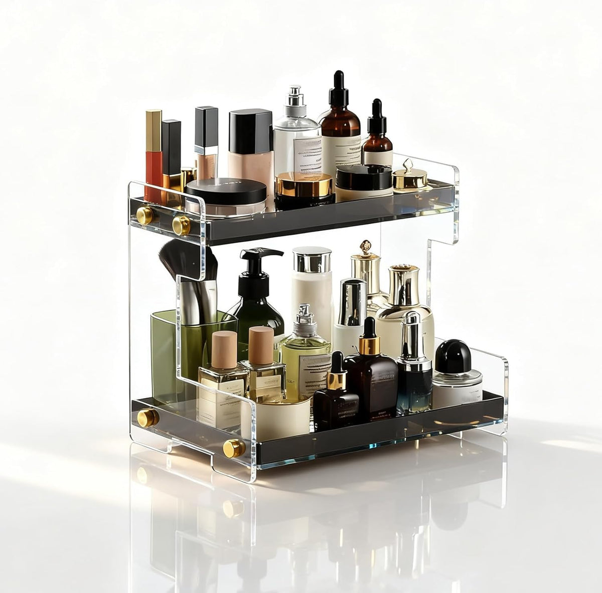NEWRAIN 2Tier Bathroom Organizer Countertop for Cosmetics, Makeup, Vanity Holder for Lipstick, Black Cabinet Storage