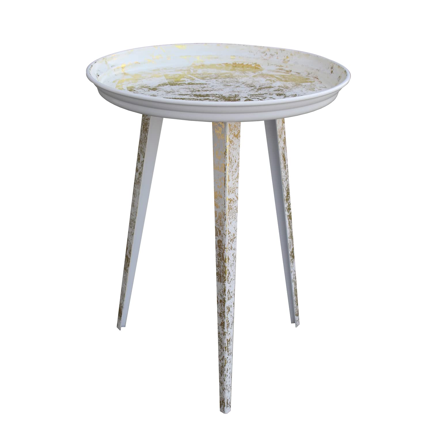The Urban Port 20-Inch Artisanal Industrial Round Tray Top Iron Side End Table, Tripod Base, Distressed White and Gold