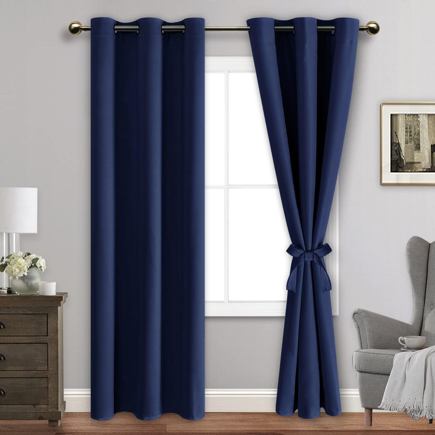 Jiuzhen Blackout Curtains For Bedroom - Light Blocking And Noise Reducing Grommet Room Darkening Curtains 84 Inch Length 2 Panels Set (38 X 84 Inch, Navy Blue)